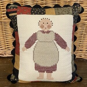VTG Cross Stitch Pillow 1994 Folk Art Doll Country Primitive  14"x15"